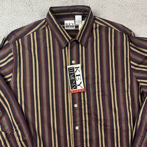 Vintage Key Elements 90's Button Shirt Red Striped‎ Long Sleeve Sz Large NOS